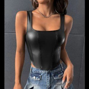 Black Square Neck Asymmetrical Hem PU Tank Top